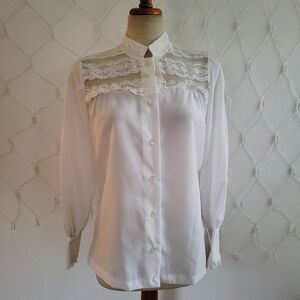 Vintage Teddi Of CA Button Down Blouse In White w/ Lace